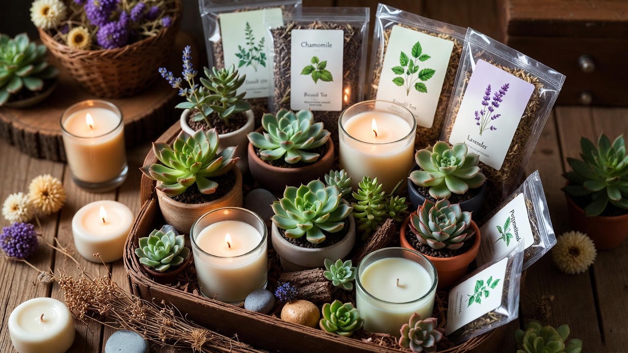 Handmade succulent gift basket featuring plants, candles, and tea for eco-friendly gifting.