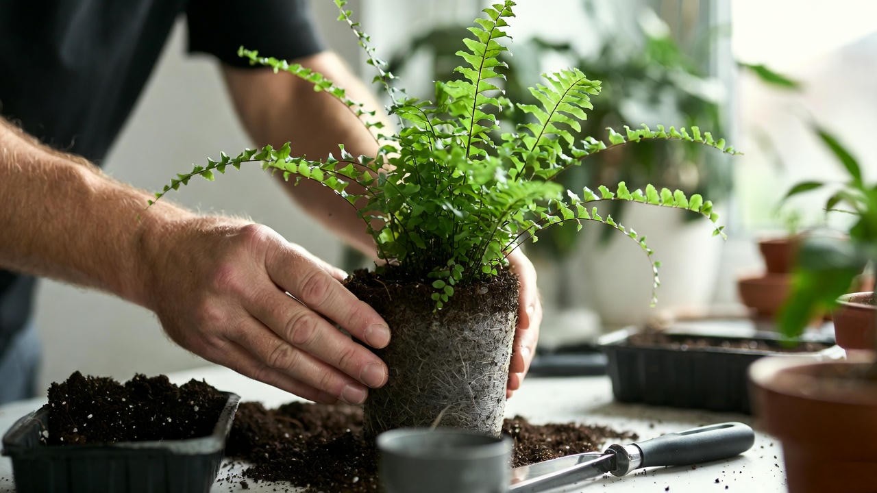 Repotting a lemon button fern into fresh soil indoors
