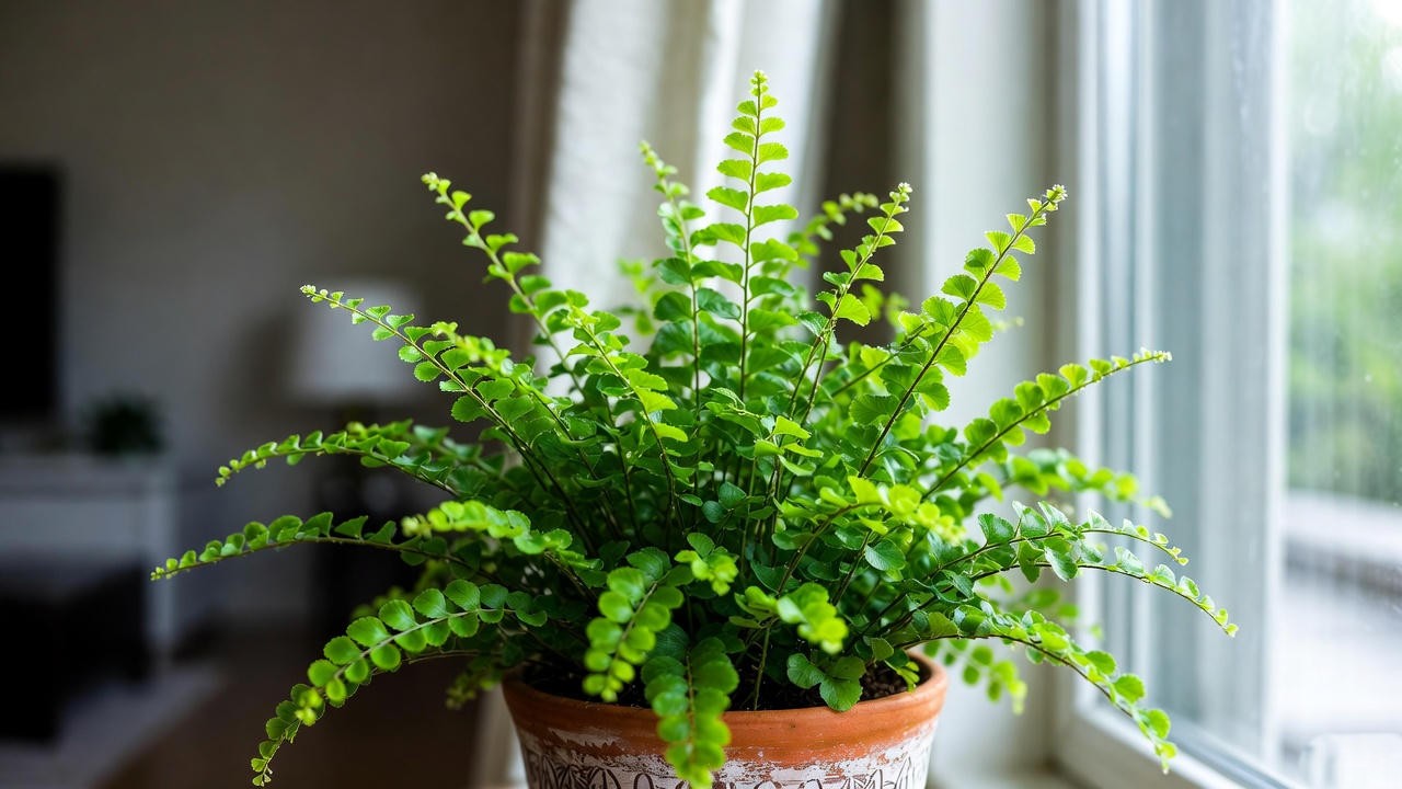 Lemon button fern growing indoors in bright indirect light near a window