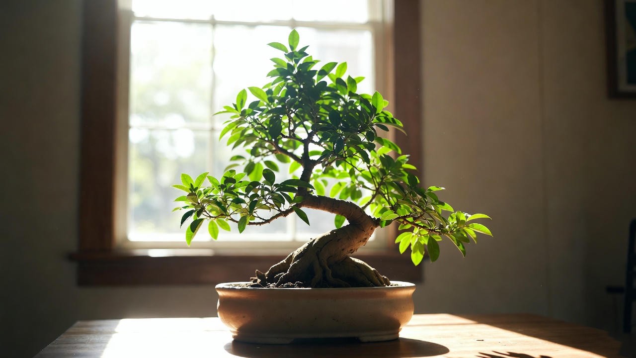 Ficus bonsai placed near a bright window indoors receiving indirect sunlight