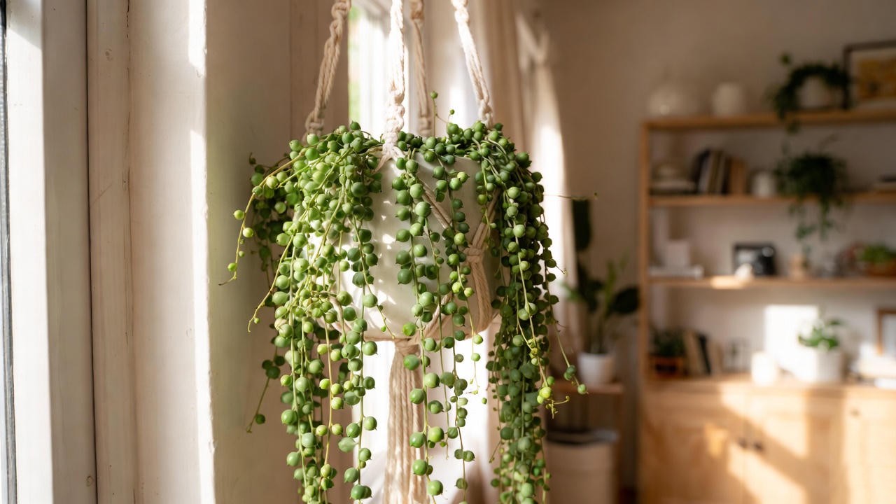 String of Pearls succulent in a hanging pot by a bright indoor window.