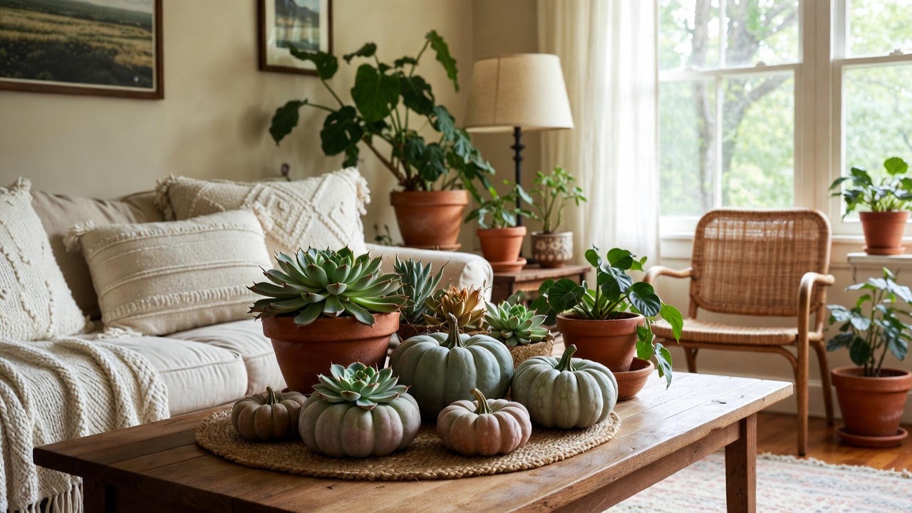 “Succulent pumpkins used as a stylish indoor centerpiece in a modern living room.”