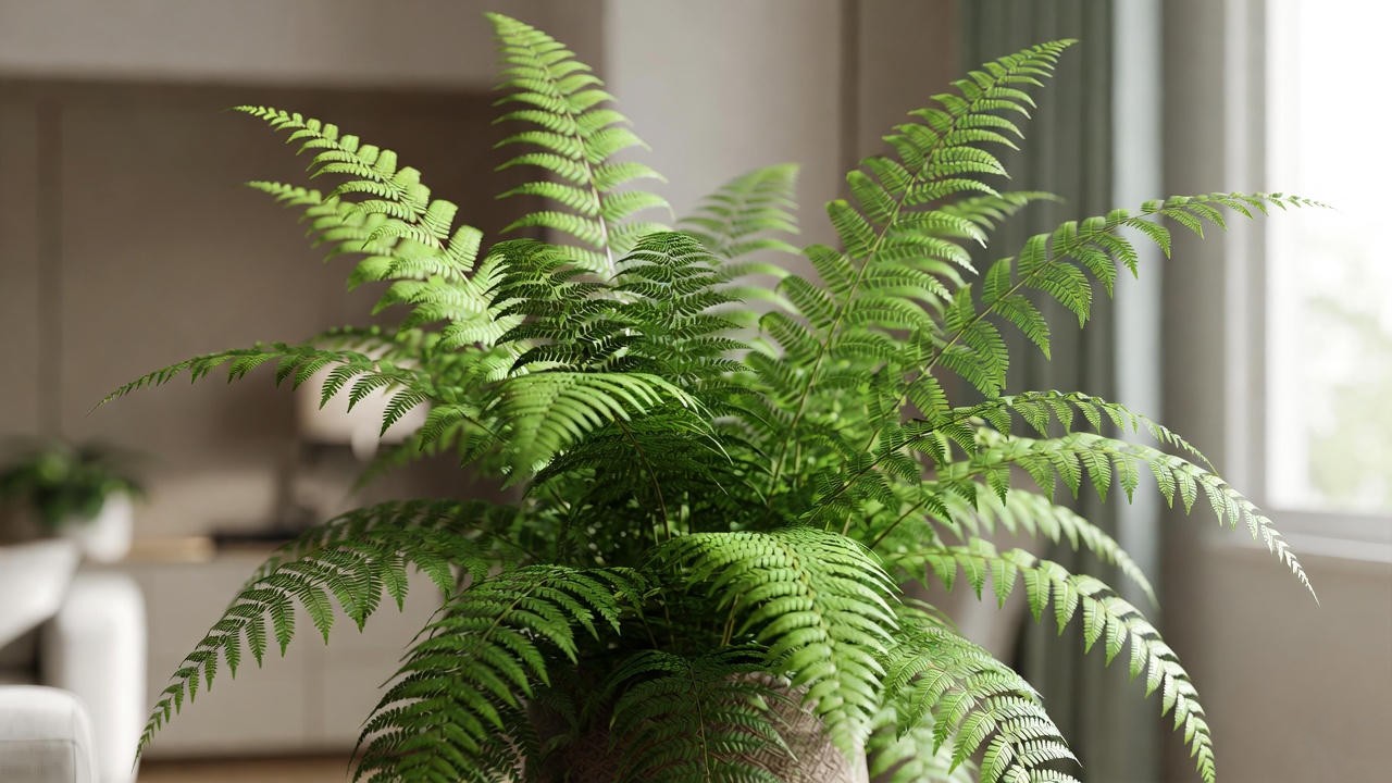 Mature macho fern indoor growth habit showing wide frond spread