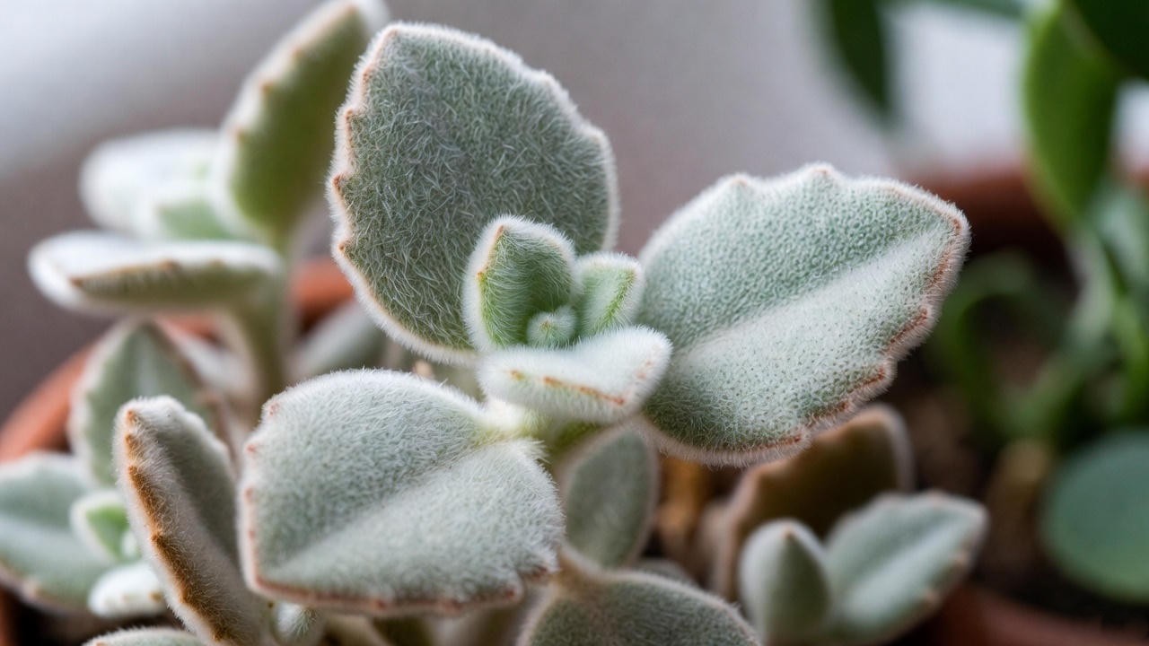 Panda Plant with fuzzy gray-green leaves and brown leaf edges.