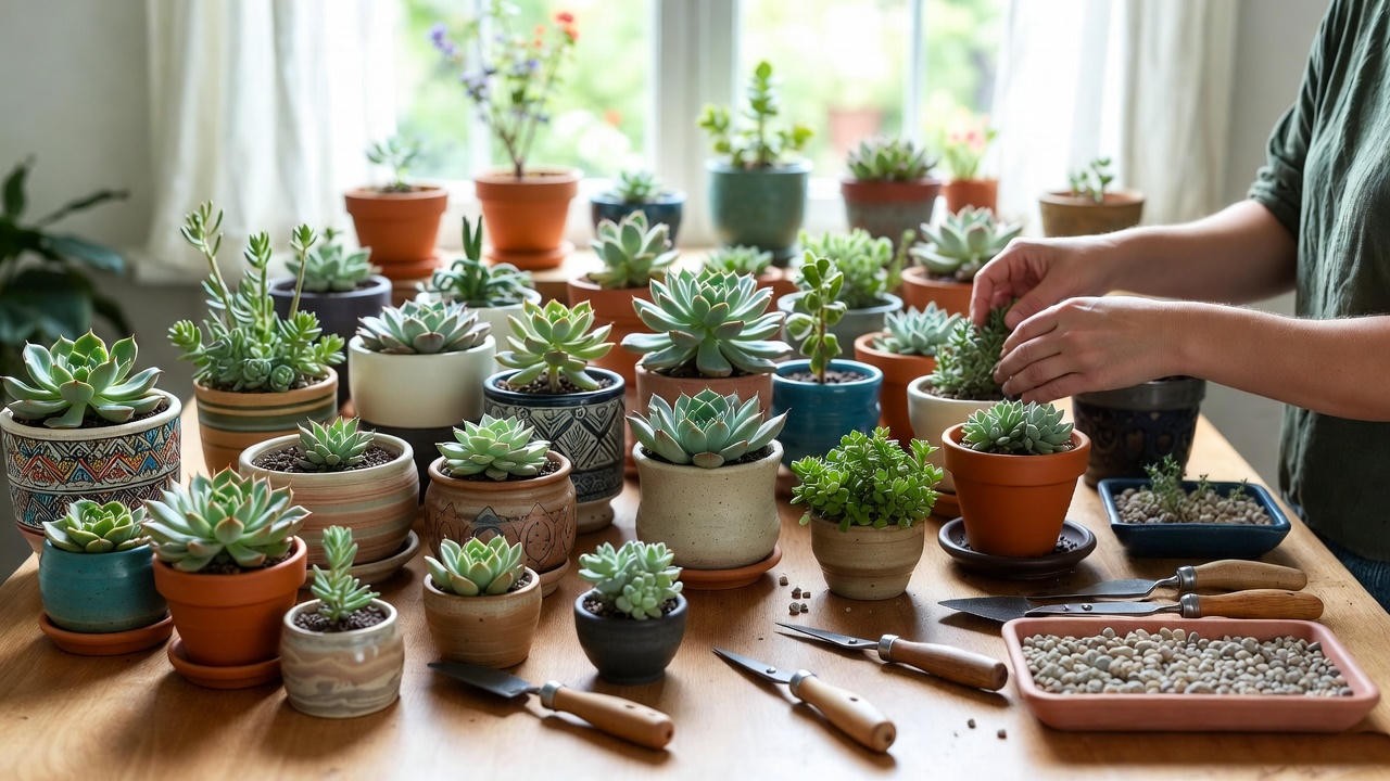 “Person planning and designing succulent plant arrangements at home.”