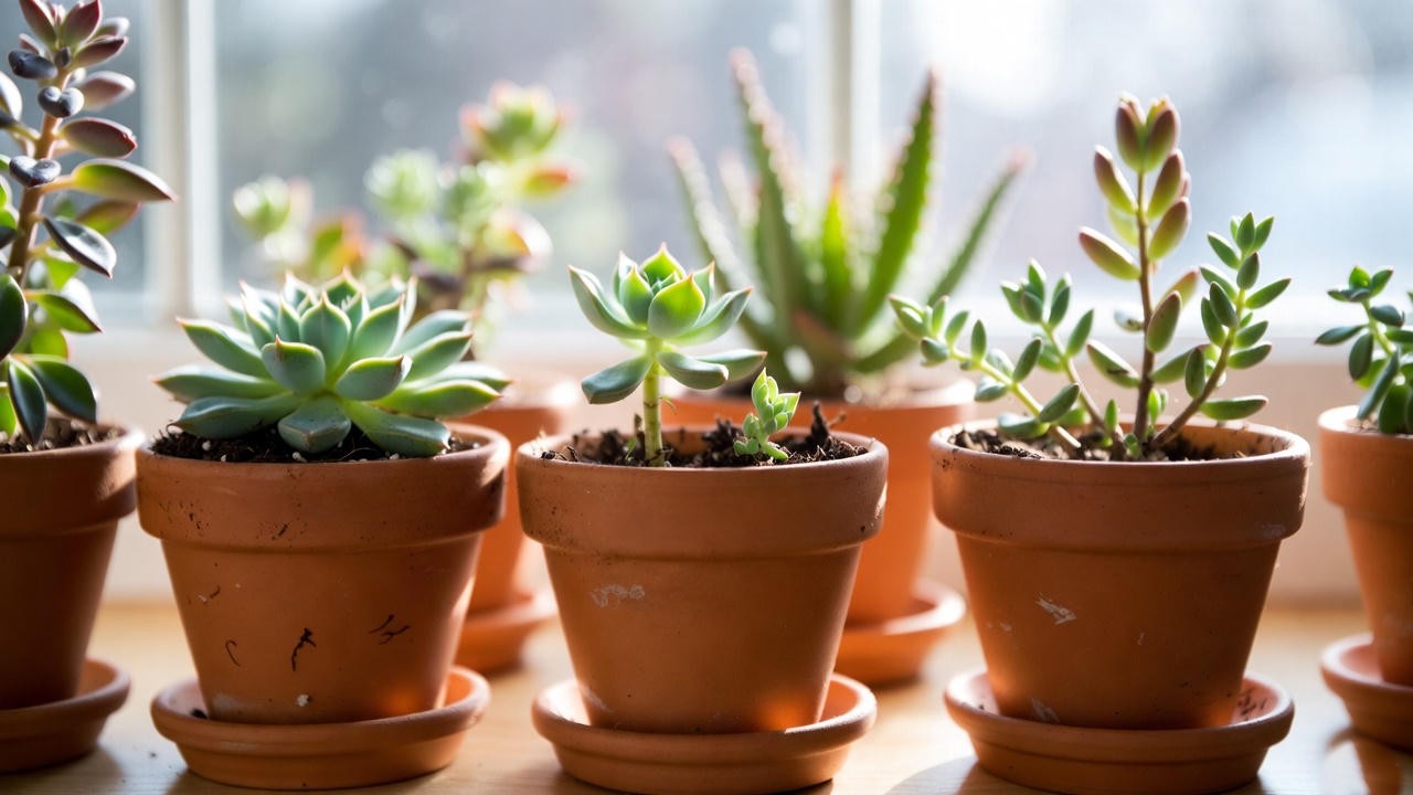 Replanted wedding succulent bouquet growing in terracotta pots on sunny windowsill