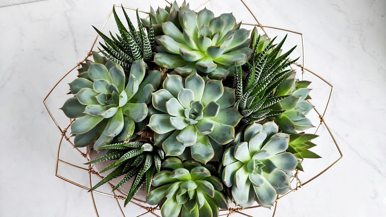 Modern minimalist succulent bridal bouquet with gold wire accents on white marble