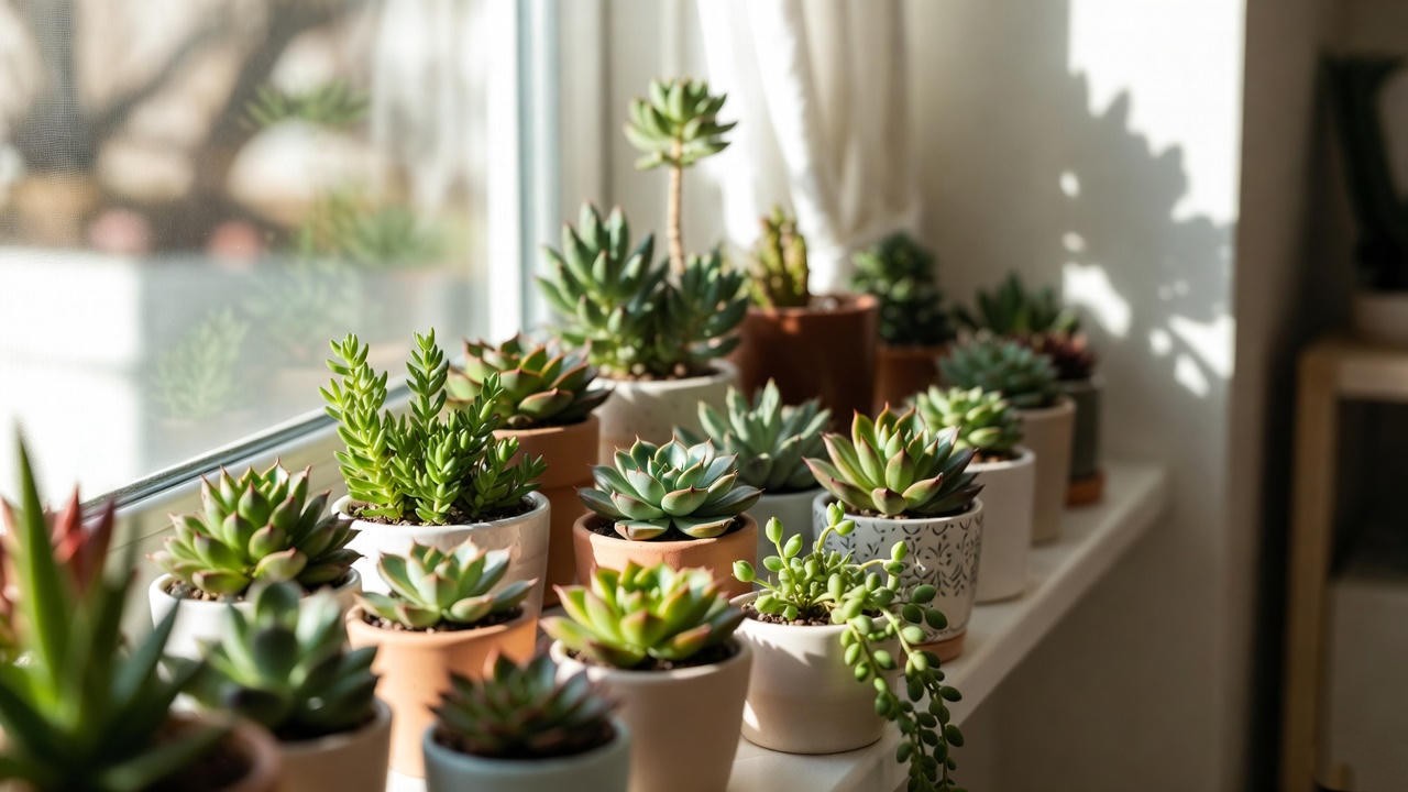 Assorted small potted succulents on a sunny windowsill showcasing the beauty of indoor succulent presents.