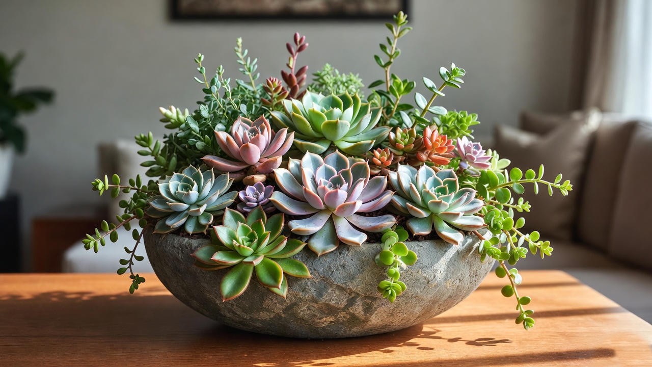 Mixed succulent arrangement in a stone bowl as a modern indoor centerpiece.