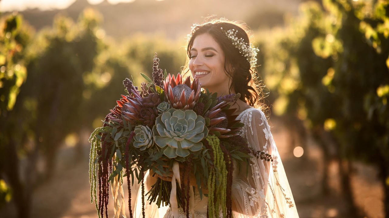 Smiling boho bride holding large succulent and protea bridal bouquet at golden hour