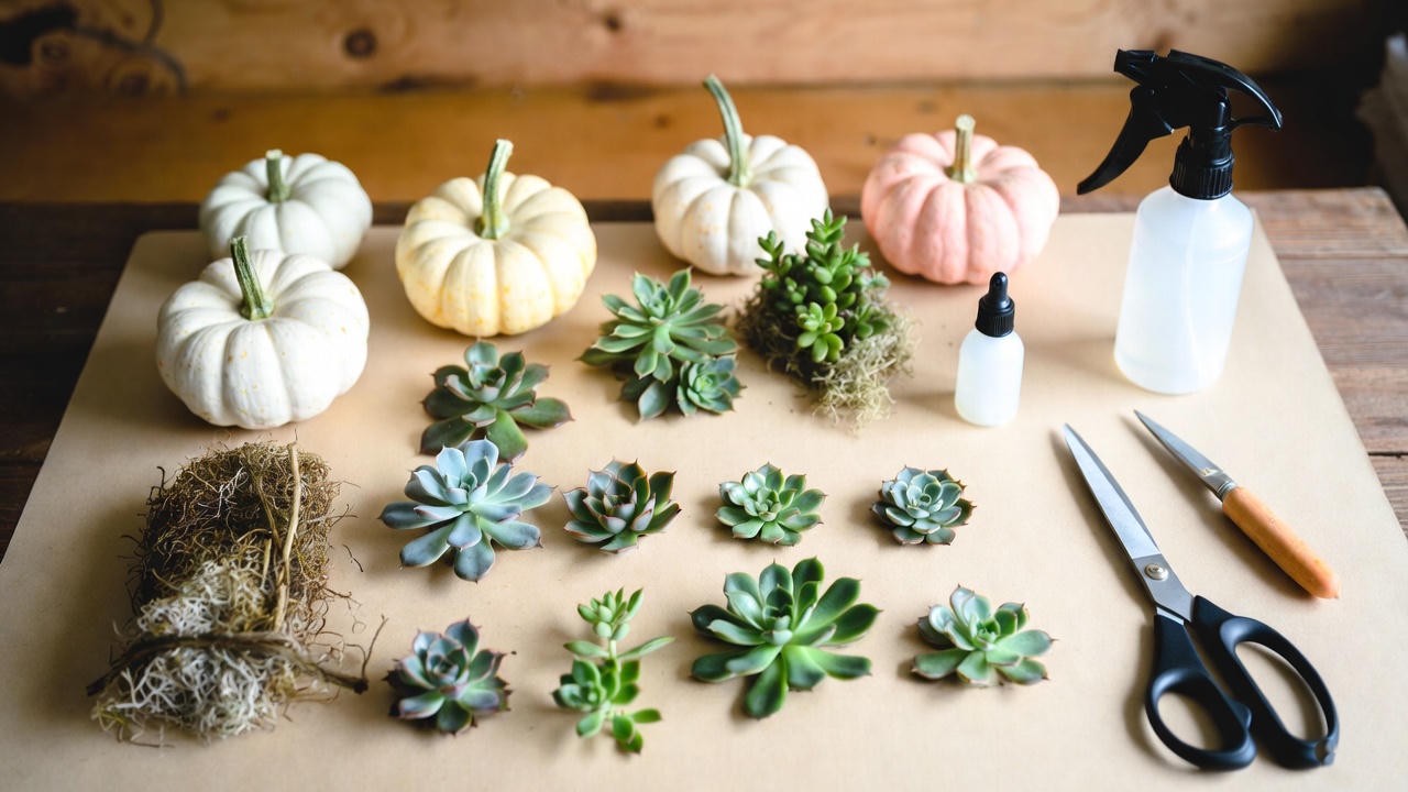 “DIY materials for making succulent pumpkins including pumpkins, succulents, moss, and tools.”