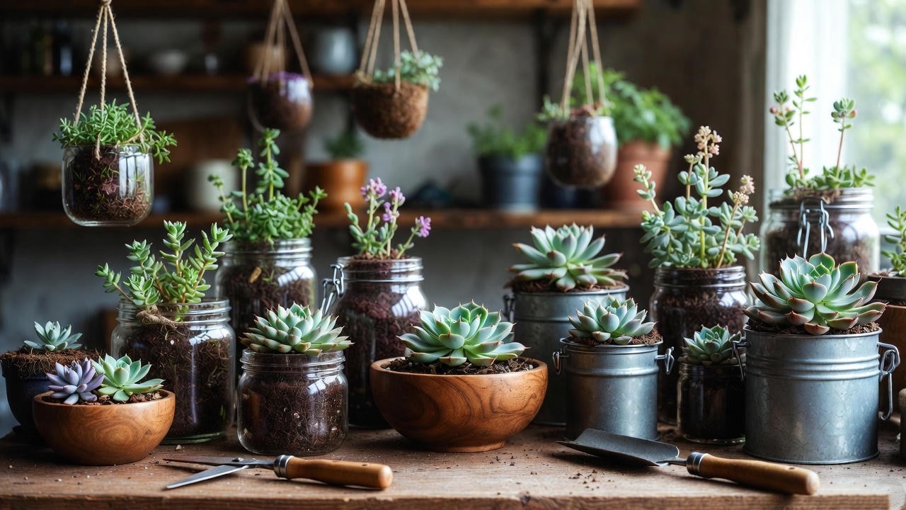“Eco-friendly succulent arrangement using recycled containers and sustainable materials.”