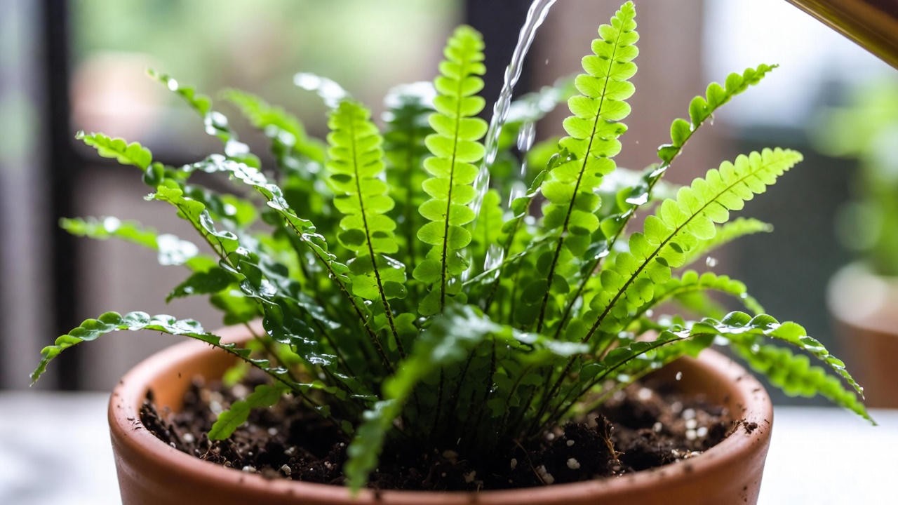 Proper watering technique for a lemon button fern indoor plant