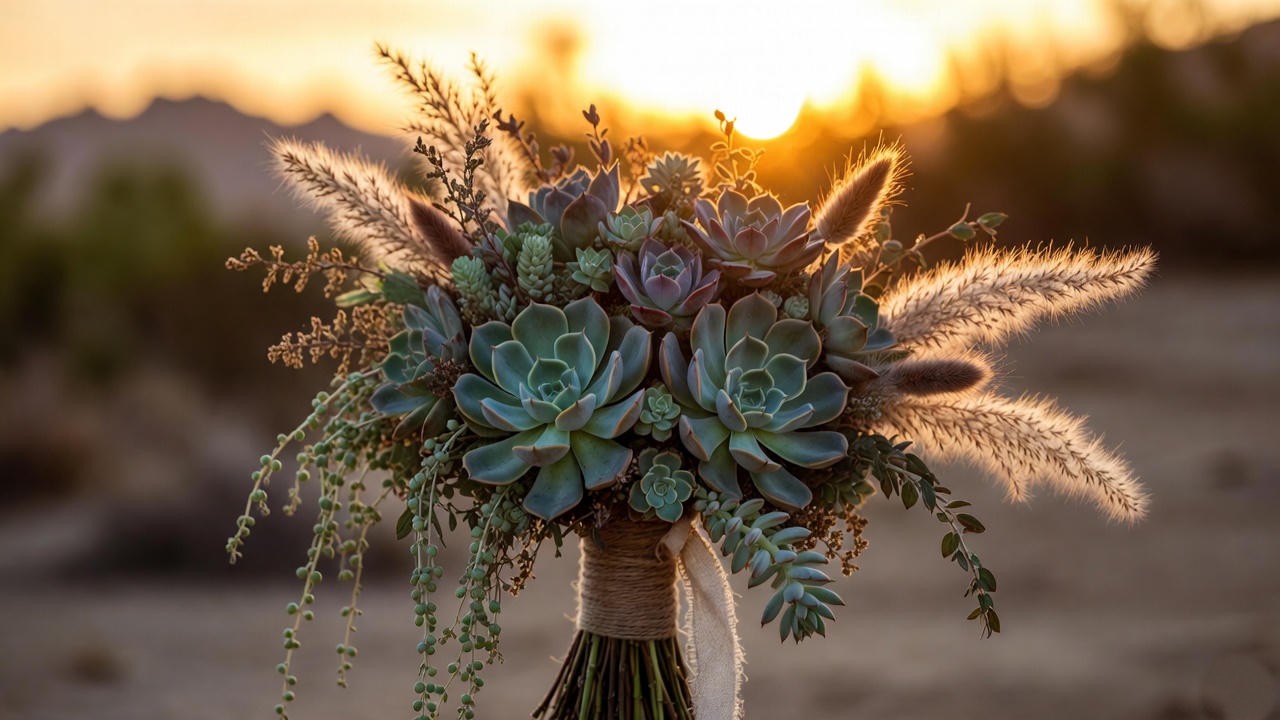 Bohemian succulent bridal bouquet with cascading pearls and pampas grass at sunset