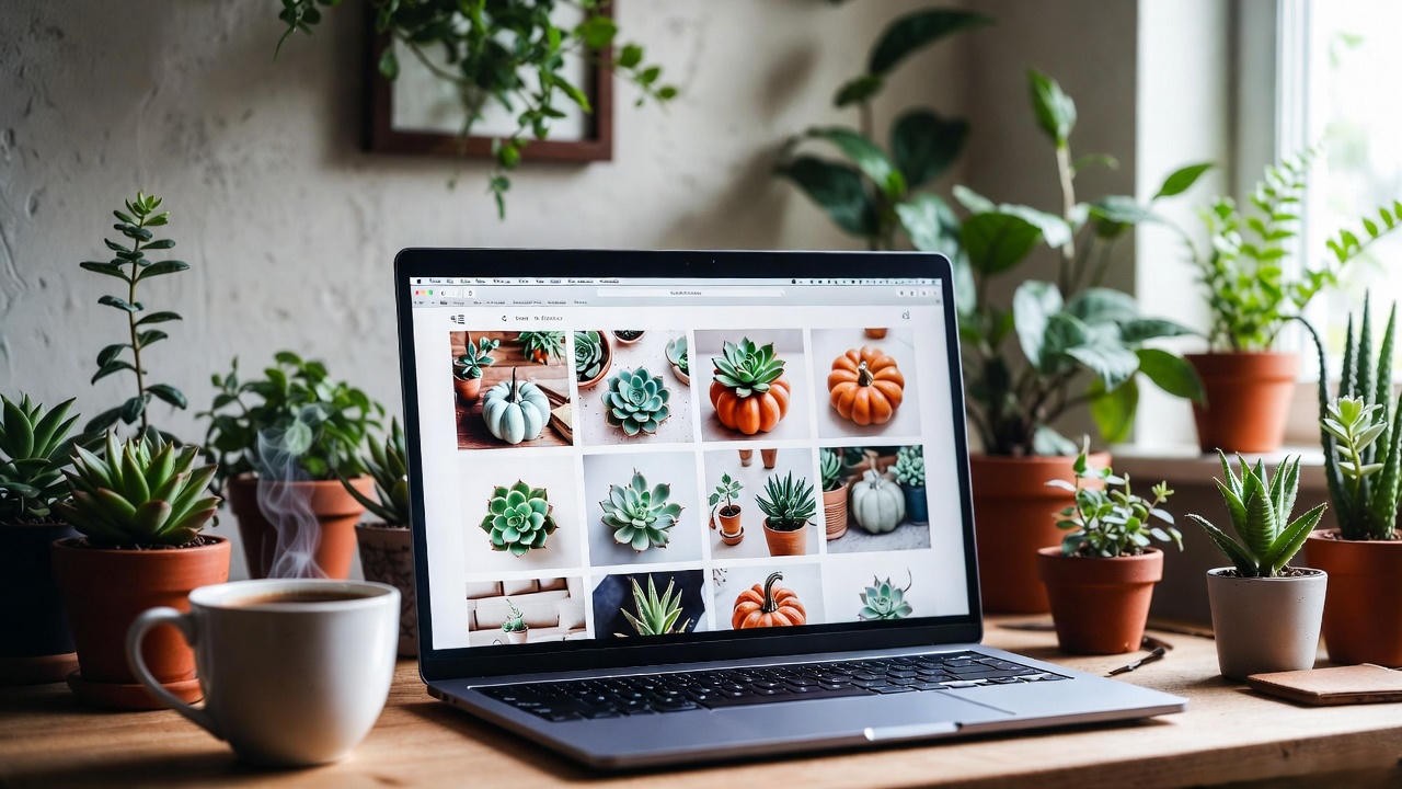 “Laptop displaying online succulent pumpkin ideas with plants on a cozy workspace table.”