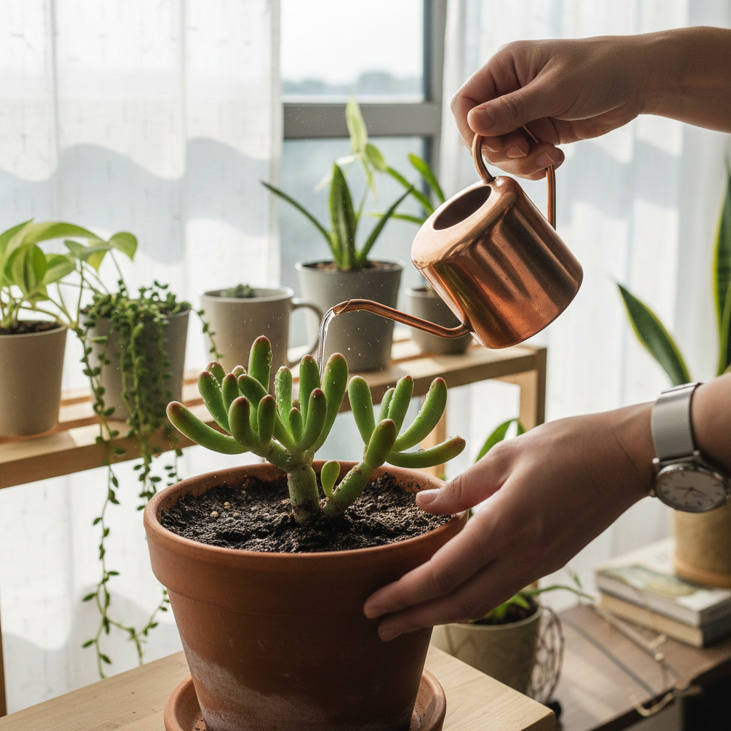 Person watering an Ogre Ear Succulent in a terracotta pot using the soak and dry method indoors.