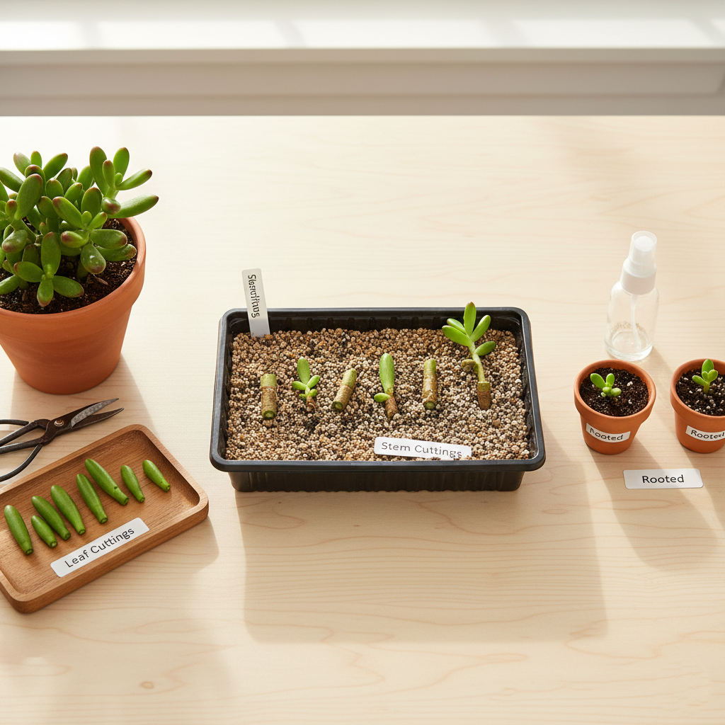 Propagation setup showing Ogre Ear Succulent leaf and stem cuttings on soil with bright indirect light.