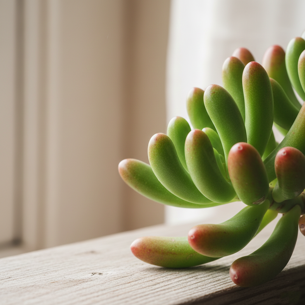 Close-up of an Ogre Ear Succulent with tubular green leaves and red tips on a sunny windowsill.