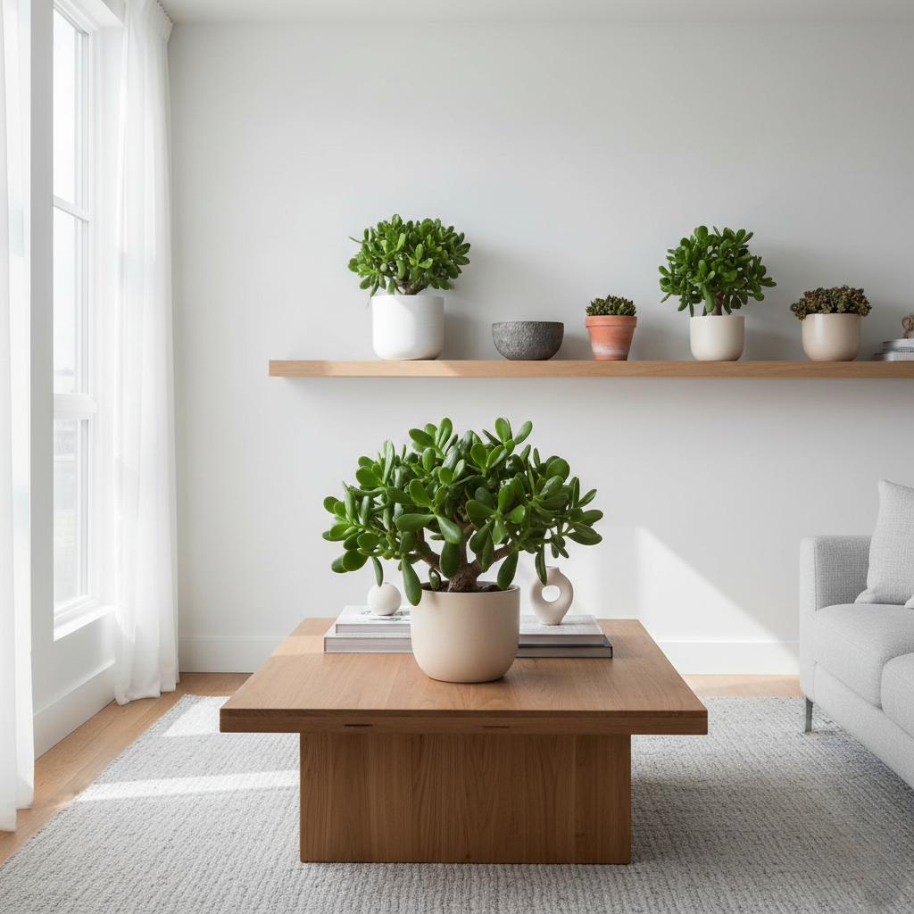 Stylish indoor display of Ogre Ear Succulents in modern ceramic pots on wooden furniture under natural light.