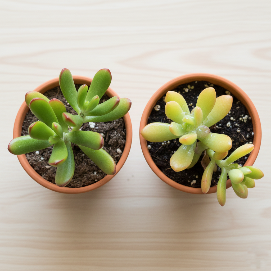 Comparison of healthy and overwatered Ogre Ear Succulent plants showing firm green versus yellow mushy leaves.