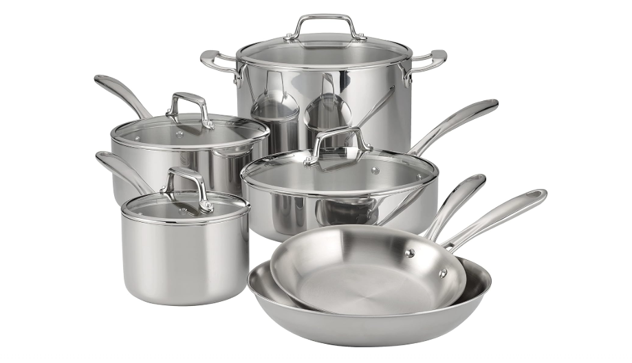 Tramontina Tri-Ply Clad Stainless Steel 10-Piece Cookware Set with Glass Lids, Pots and Pans Kitchen Set, Induction-Ready, Dishwasher-Safe, NSF-Certified