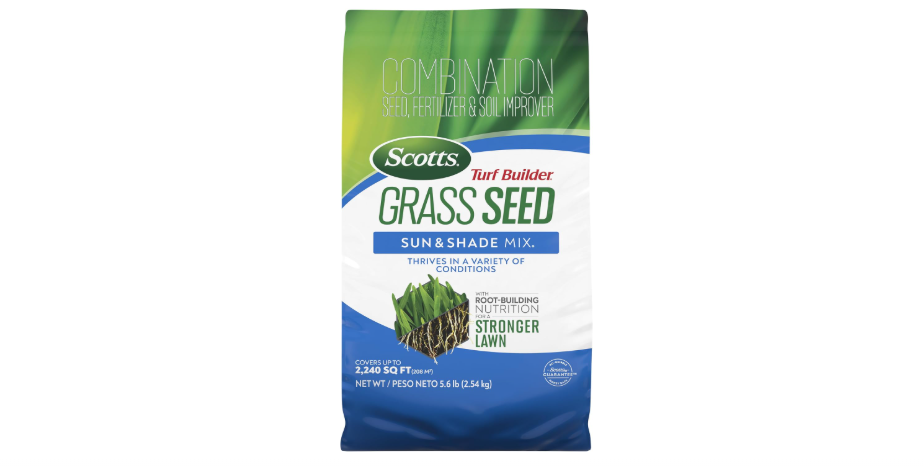  Scotts Turf Builder Grass Seed Sun & Shade Mix with Fertilizer and Soil Improver, Thrives in Many Conditions, 5.6 lbs.