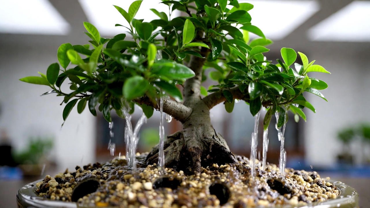 Correct watering technique for ficus bonsai indoors with proper drainage