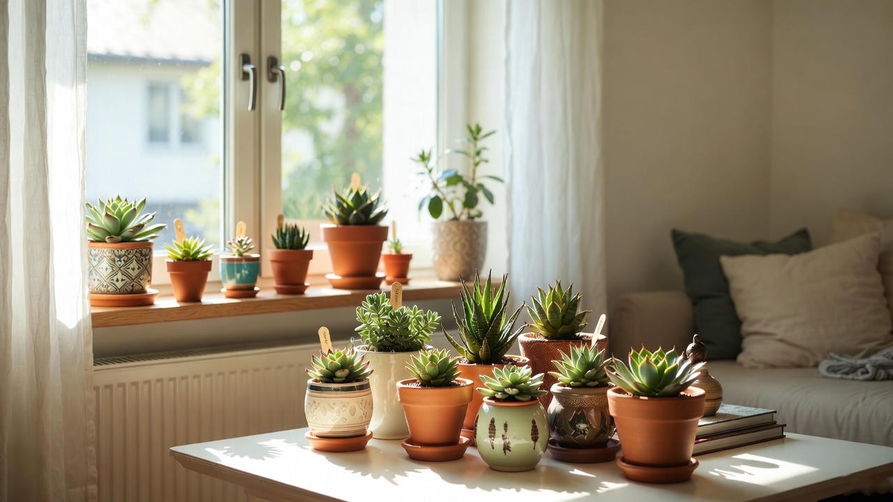 “Stylish indoor space decorated with succulent plants arrangements near a window.”