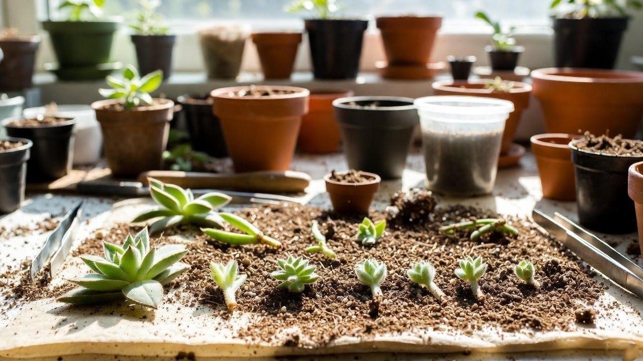 Cozy modern living room styled with fuzzy succulent plants on shelves and table.