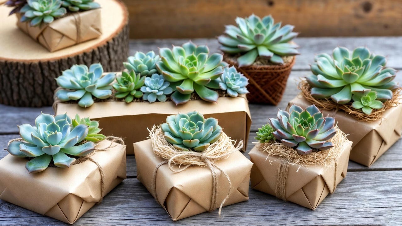 Eco-friendly wrapped succulent presents with kraft paper and natural decorations.