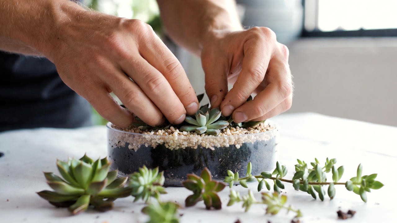 “Hands creating a DIY succulent plants arrangement with soil and decorative stones.”