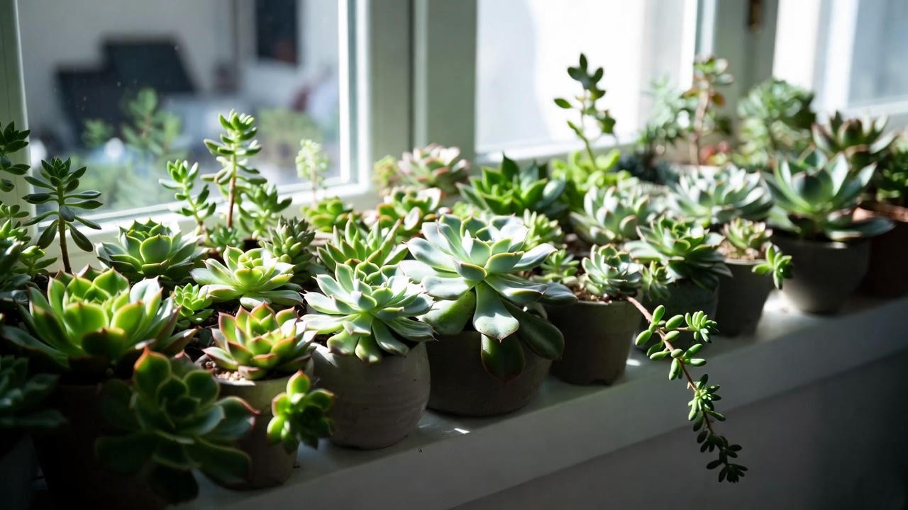 “Healthy indoor succulent plants arrangement displayed by a sunlit window.”