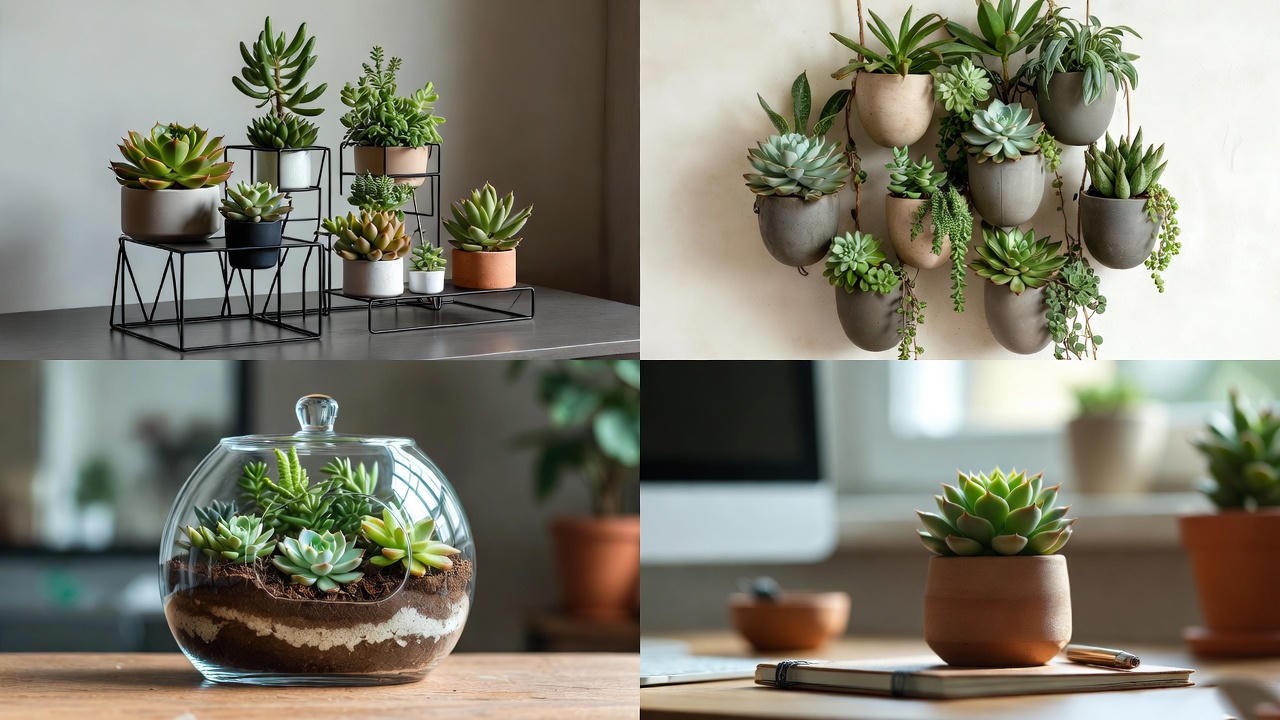 “Creative ideas for succulent arrangements including terrariums, wall gardens, and tabletop décor.”