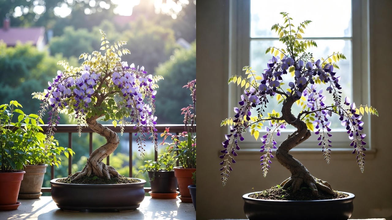 Wisteria bonsai transitioning between indoor and outdoor care
