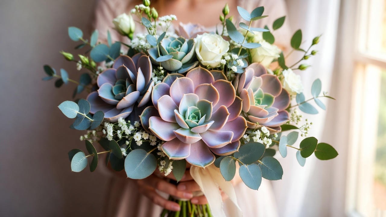 Pastel Echeveria succulent bridal bouquet with white roses and eucalyptus