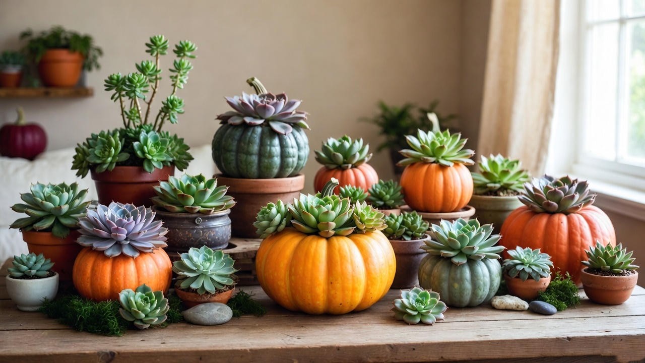 “Various succulent pumpkins displayed indoors with vibrant succulents on real pumpkins.”