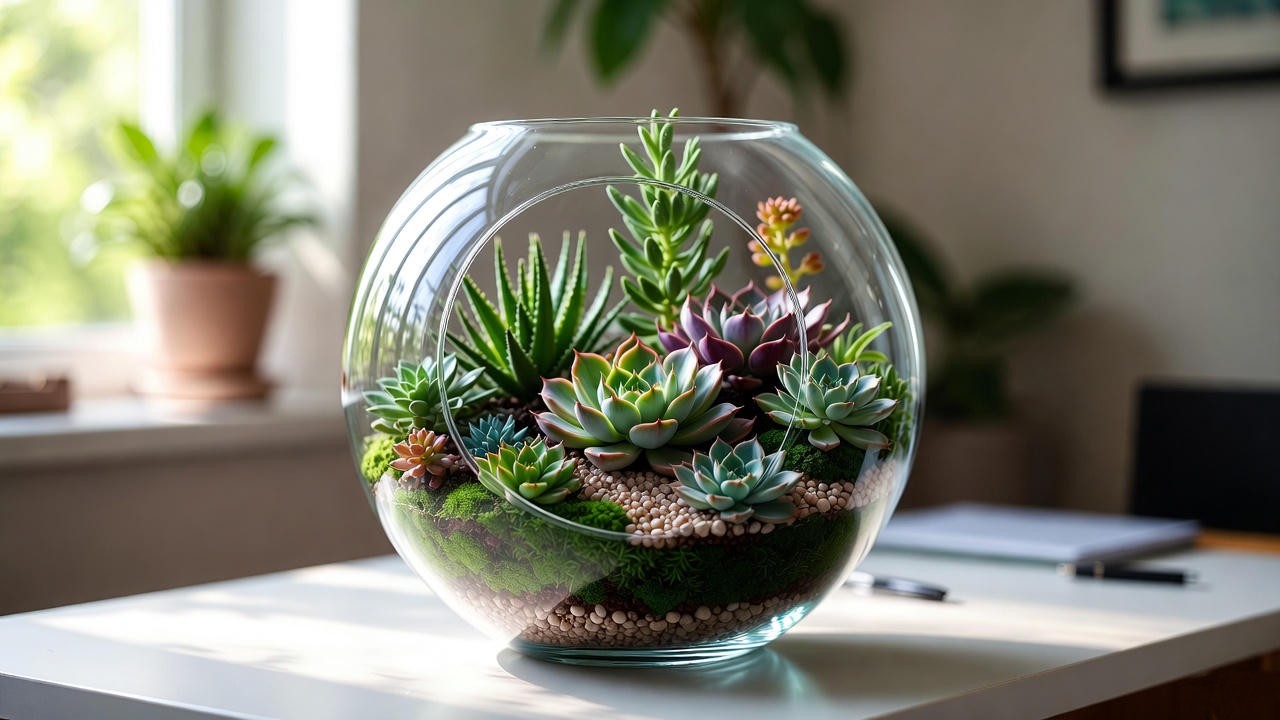 Glass succulent terrarium with moss and pebbles as a creative indoor plant gift.