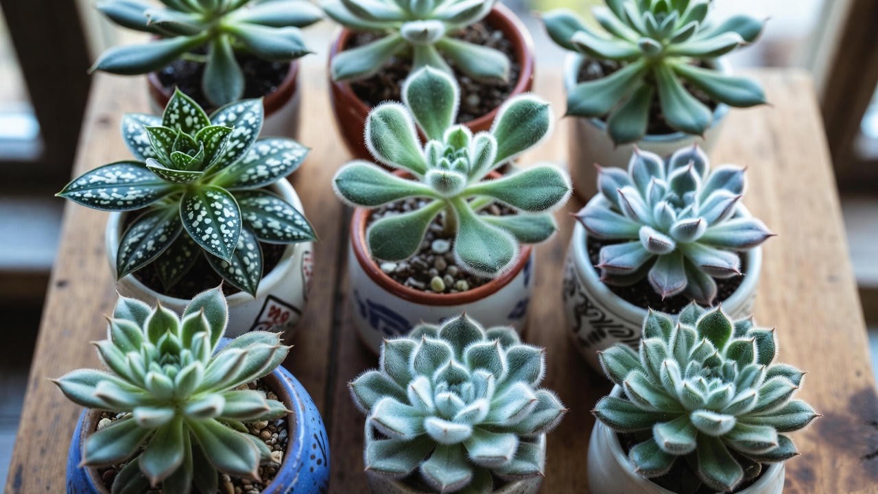 Assorted fuzzy succulent plant varieties in pots displayed on a wooden table.