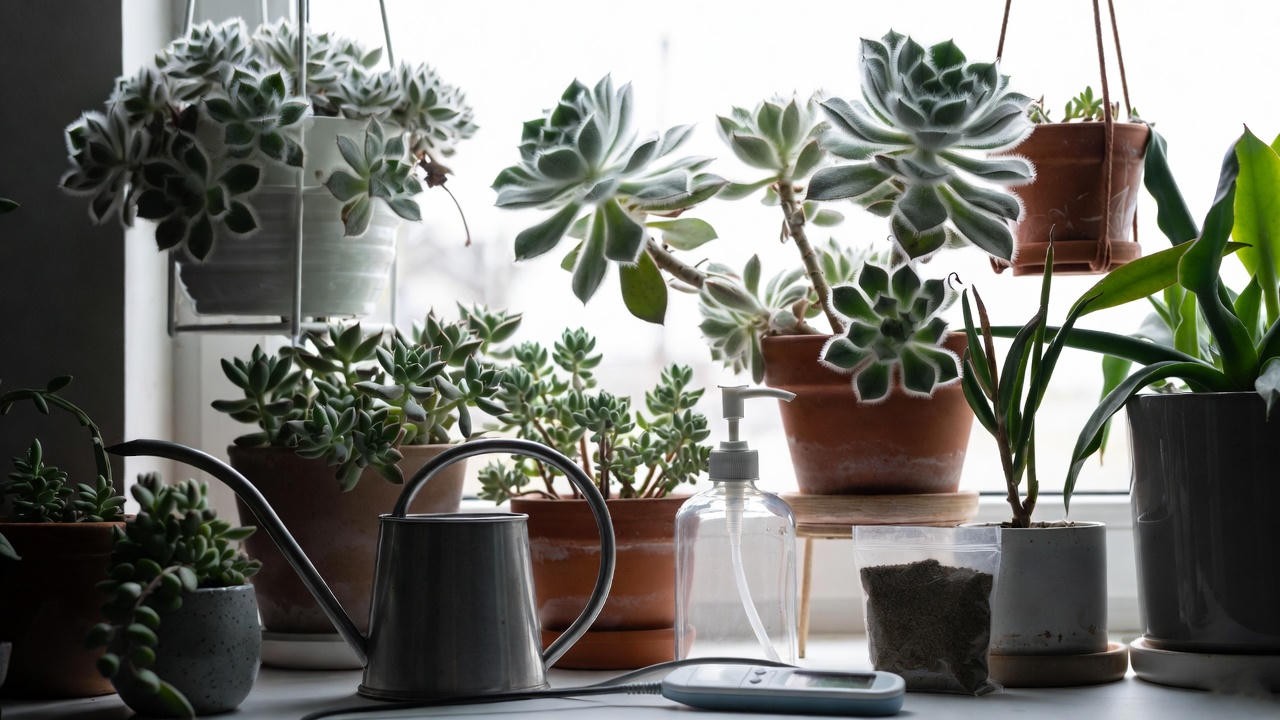 Seasonal indoor setup showing fuzzy succulent plants with watering tools near window.