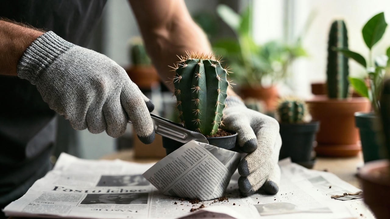 Safe cactus repotting using gloves and tools to prevent injuries