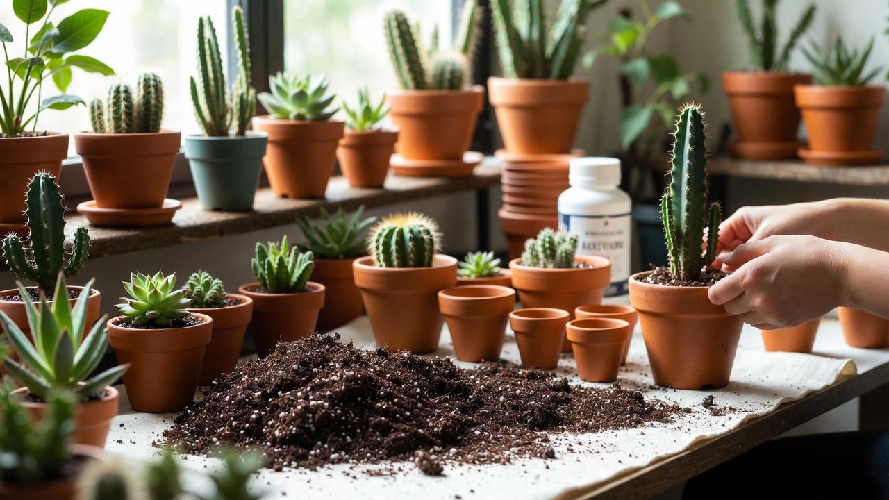 Cactus soil, repotting process, and cactus fertilizer setup for indoor plants
