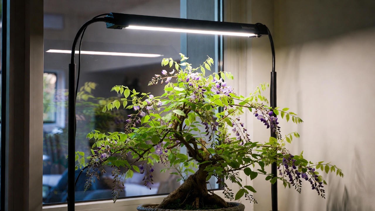 Indoor wisteria bonsai positioned under grow lights and natural sunlight