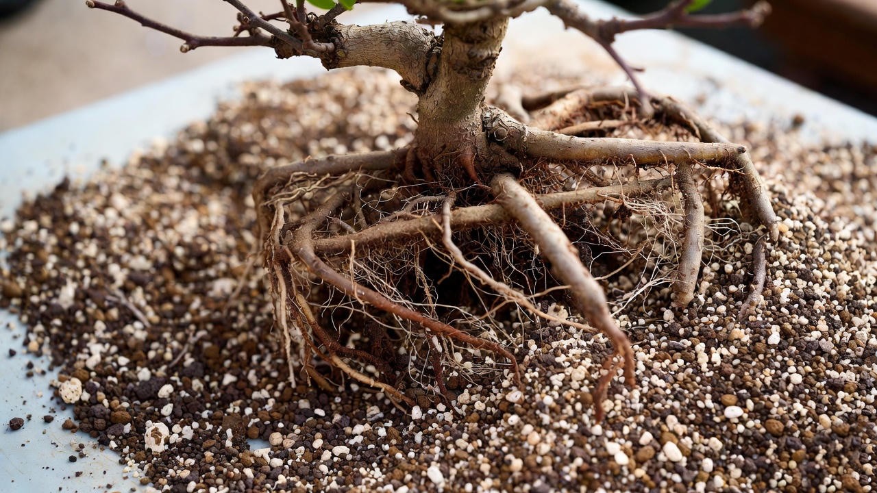 Repotting a wisteria bonsai using well-draining bonsai soil mix