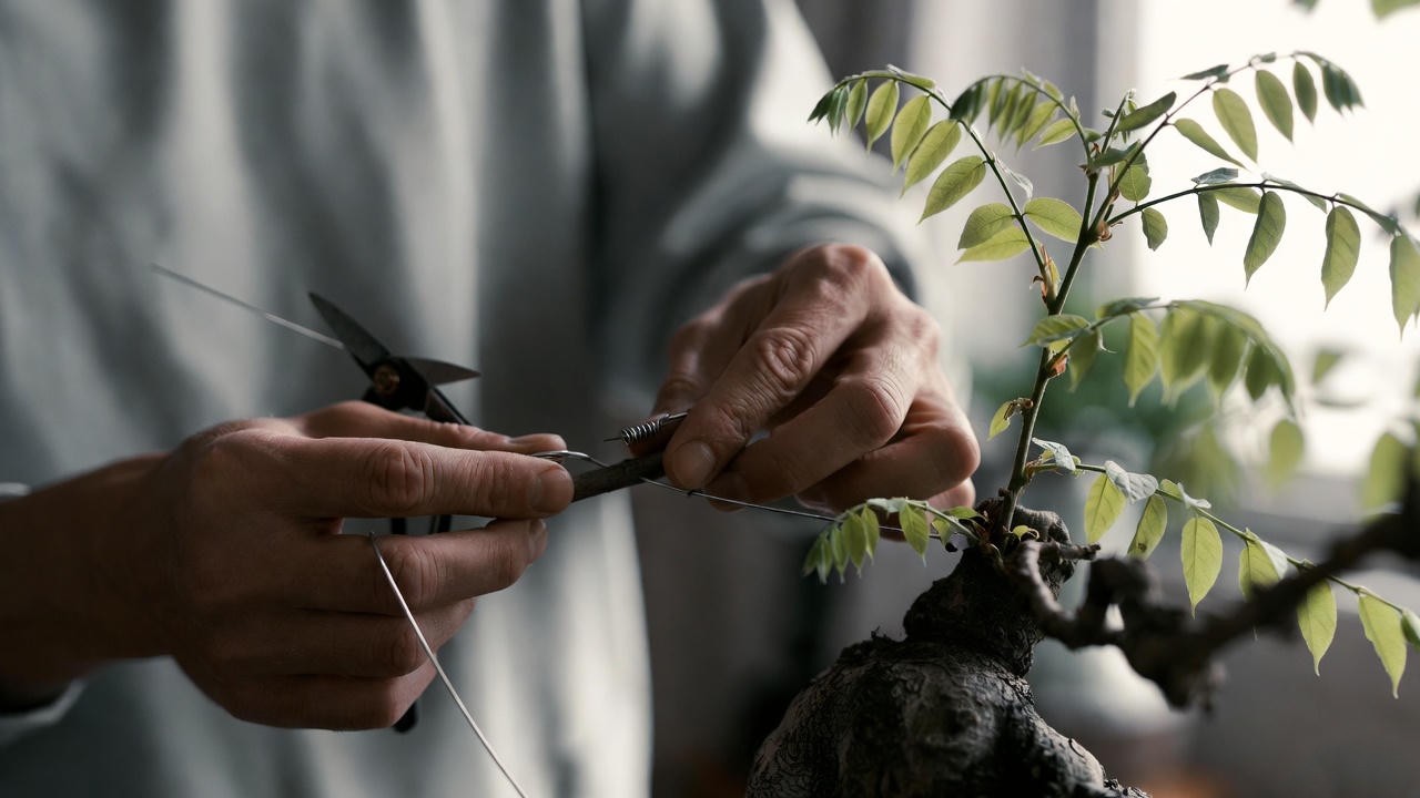 Pruning and wiring a wisteria bonsai for indoor training