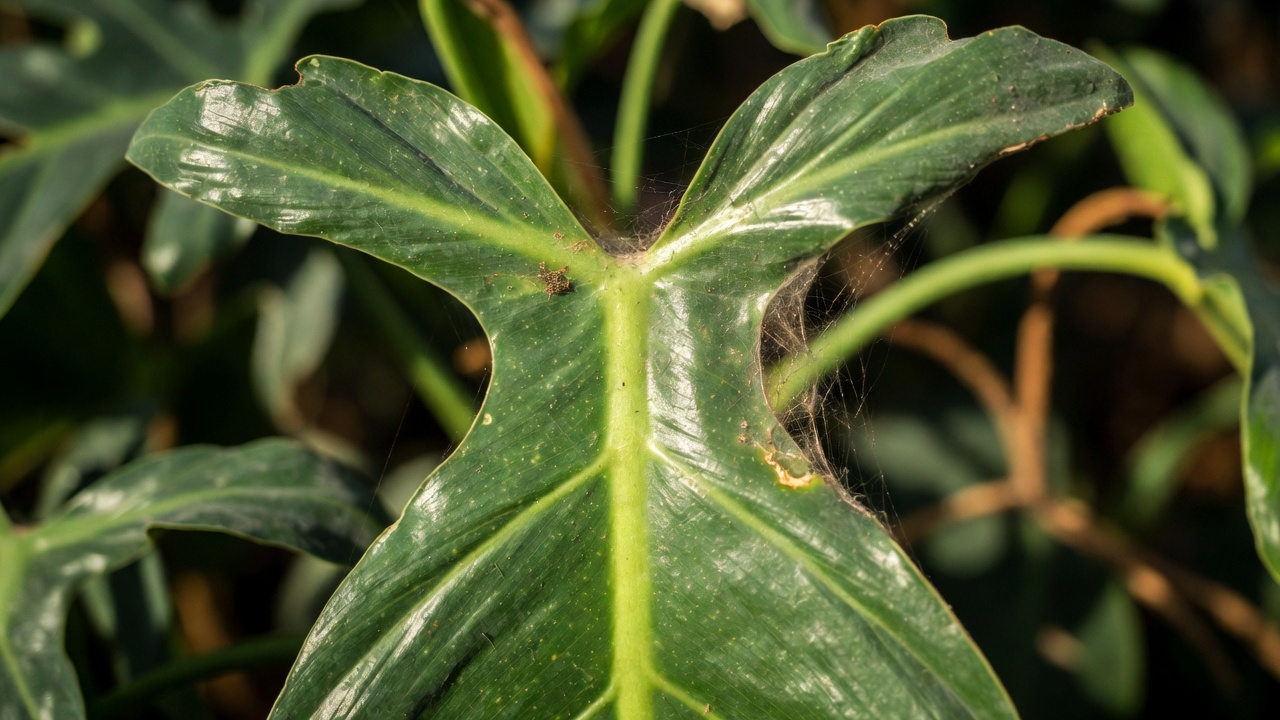 Spider mite damage on Philodendron Green Congo leaf with fine webbing