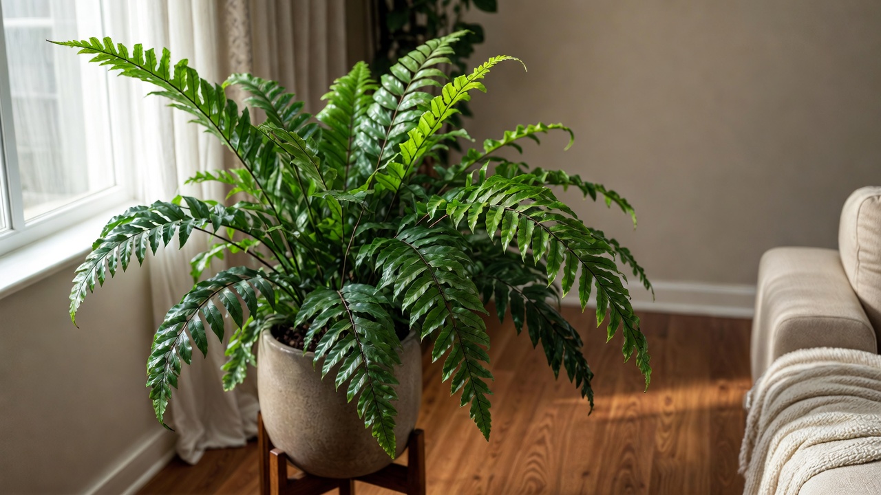 Crocodile fern styled in modern indoor living room decor