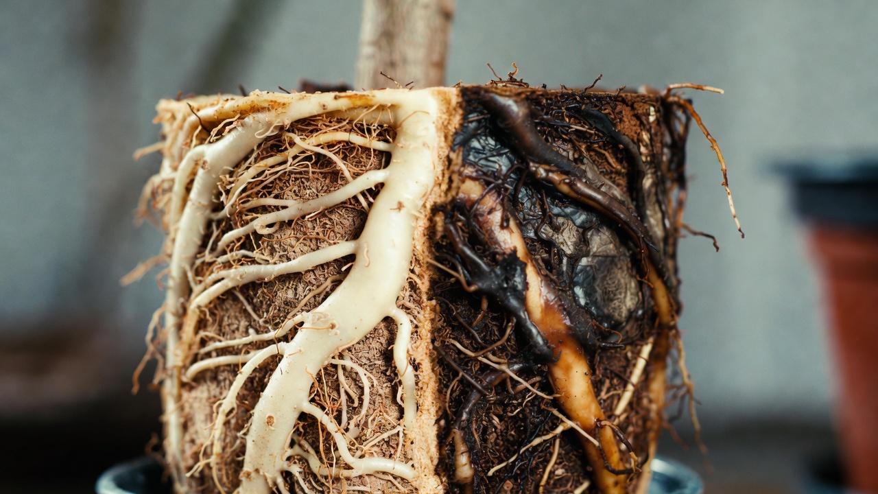 Healthy white roots compared to rotting dark roots of Ficus altissima