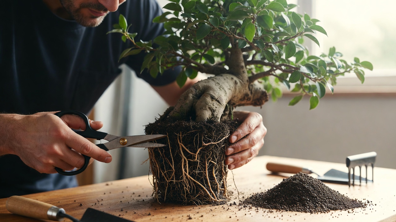 Repotting bonsai in a pot with root pruning and fresh soil