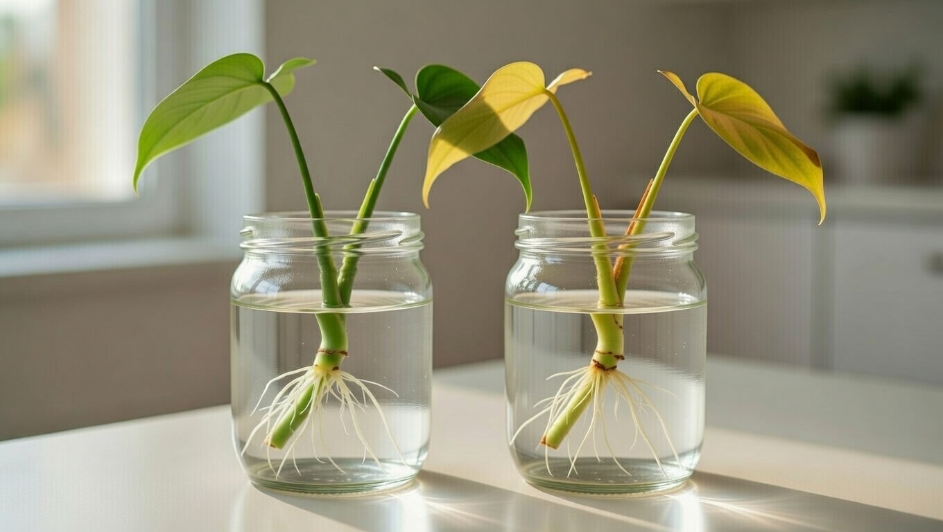 Healthy vs yellowing philodendron green plant comparison