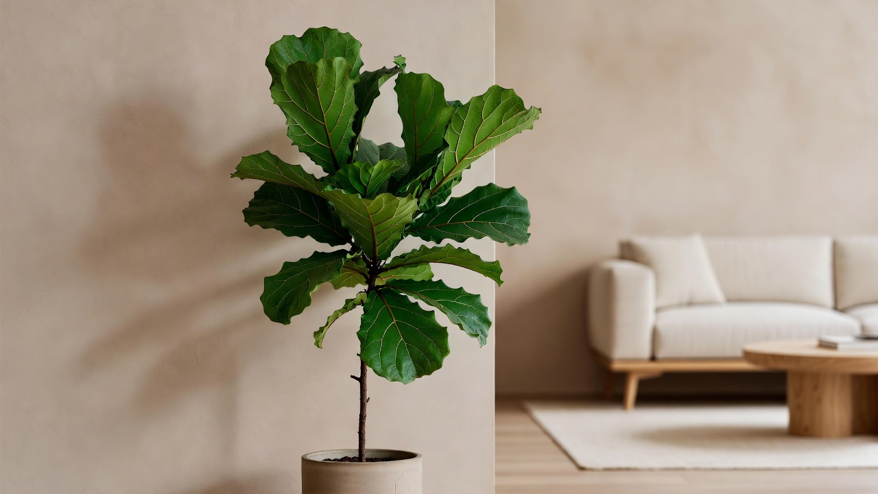 Ficus altissima styled as a statement indoor tree in a modern living room